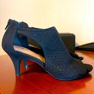 Black Suede Perforated Peep Toe Heels- Size 6.5